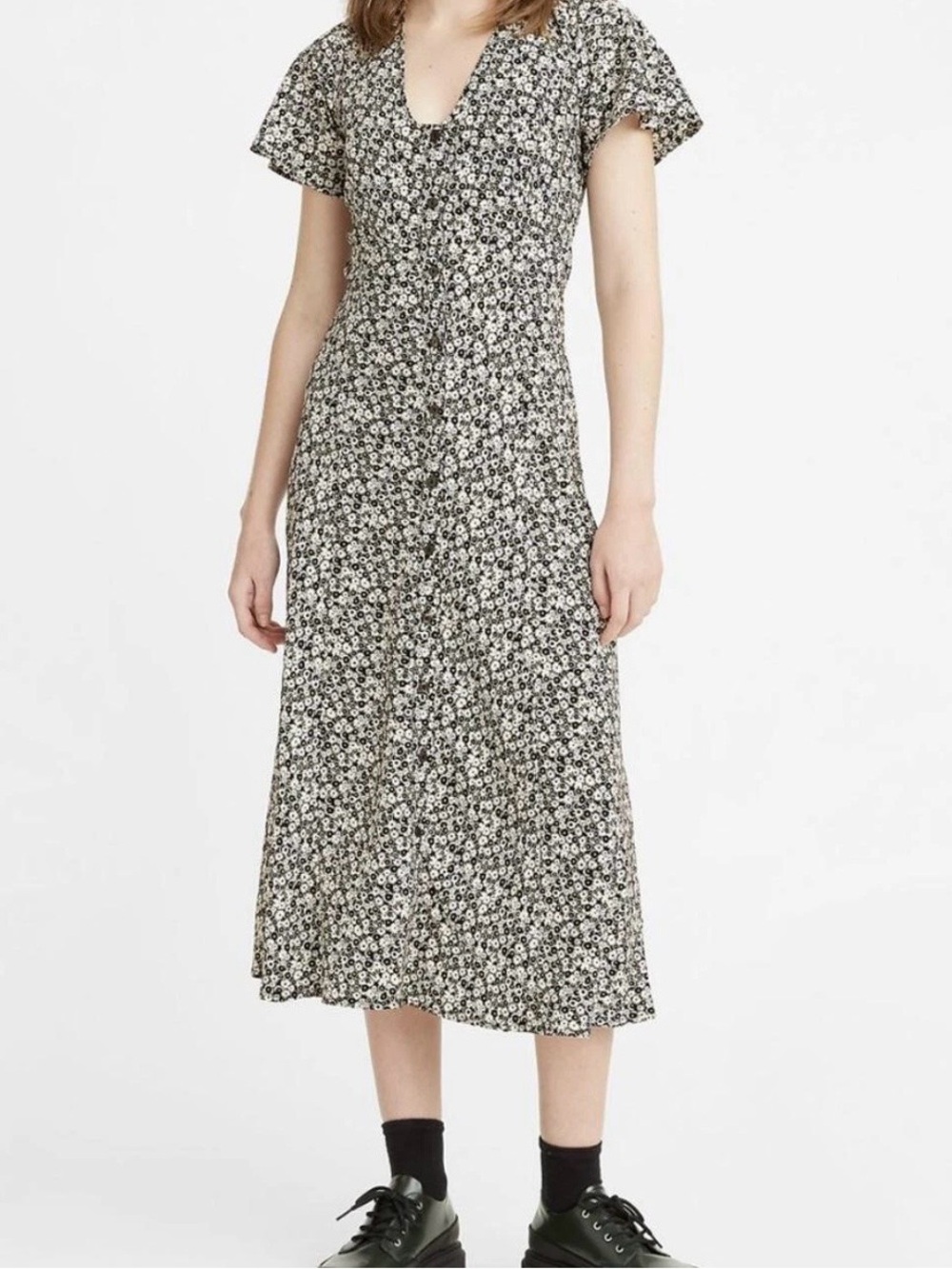 LEVI’S Black White & Yellow Ditsy Floral Printed Button Down 90s Midi Dress